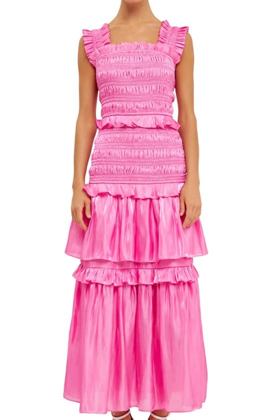 Shop Endless Rose Sheer Smocked Tiered Maxi Dress In Pink