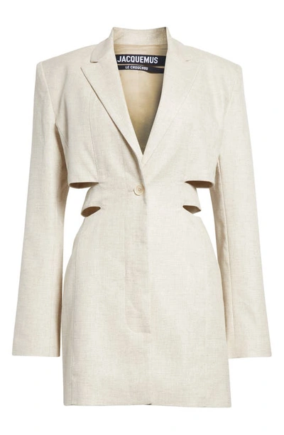 Shop Jacquemus The Bari Cutout Long Sleeve Cotton & Linen Blazer Minidress In Light Beige