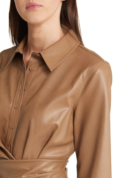 Shop Moon River Draped Long Sleeve Cutout Faux Leather Shirtdress In Taupe