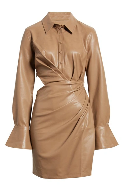 Shop Moon River Draped Long Sleeve Cutout Faux Leather Shirtdress In Taupe