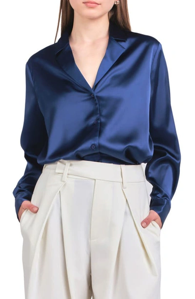 Shop Endless Rose Satin Button-up Blouse In Navy