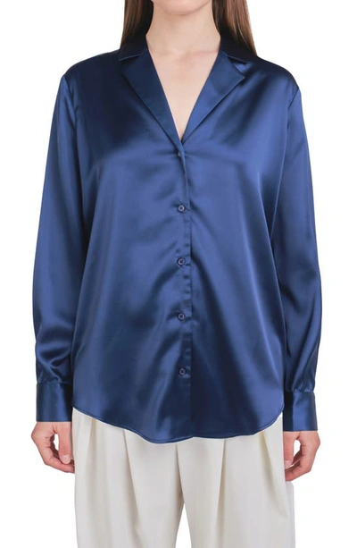 Shop Endless Rose Satin Button-up Blouse In Navy