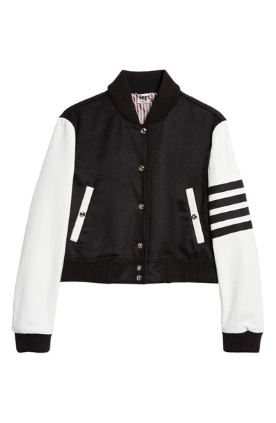 Shop Thom Browne 4-bar Crop Colorblock Leather Sleeve Cashmere Varsity Jacket In Black