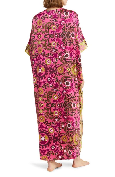 Shop Natori Palazzo Satin Caftan In Fiesta Pink Combo