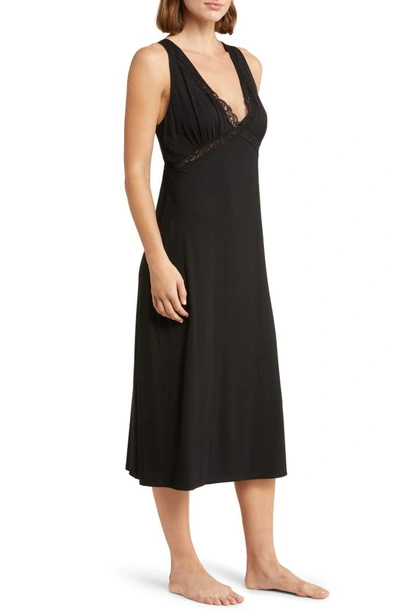 Shop Natori Feathers Lace Trim Nightgown In Black