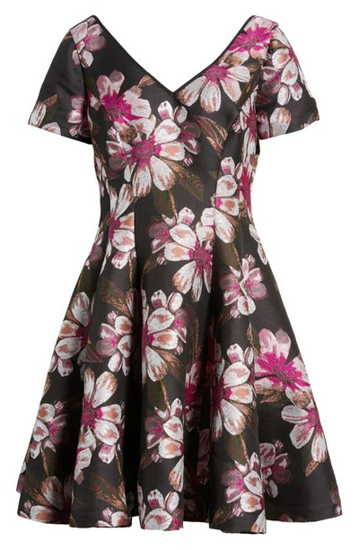 Shop Shani Floral Jacquard Fit & Flare Dress In Black/ Pink