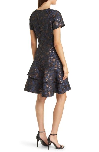 Shop Shani Tiered Flounce Brocade Fit & Flare Dress In Blue
