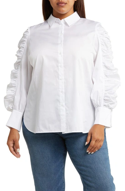 Shop Harshman Juliana Ruched Sleeve Cotton Button-up Shirt In White