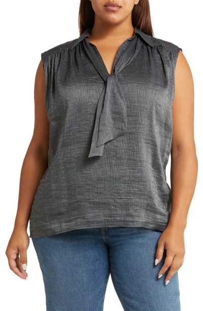 Shop Harshman Lucille Tie Neck Sleeveless Silk Blend Blouse In Charcoal Stripes