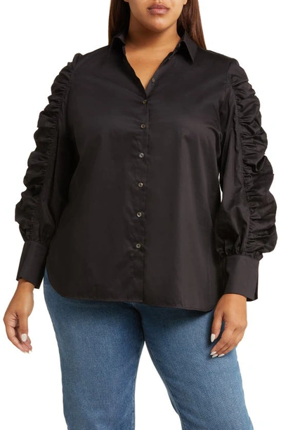Shop Harshman Juliana Ruched Sleeve Cotton Button-up Shirt In Black