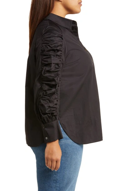 Shop Harshman Juliana Ruched Sleeve Cotton Button-up Shirt In Black