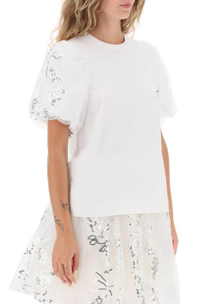 Shop Simone Rocha Embroidered Puff Sleeve A-line T-shirt In White (white)