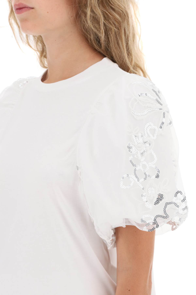 Shop Simone Rocha Embroidered Puff Sleeve A-line T-shirt In White (white)