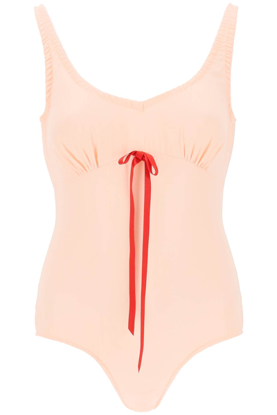 Shop Simone Rocha Silk Blend Bodysuit With Bow Detail In Peach (pink)