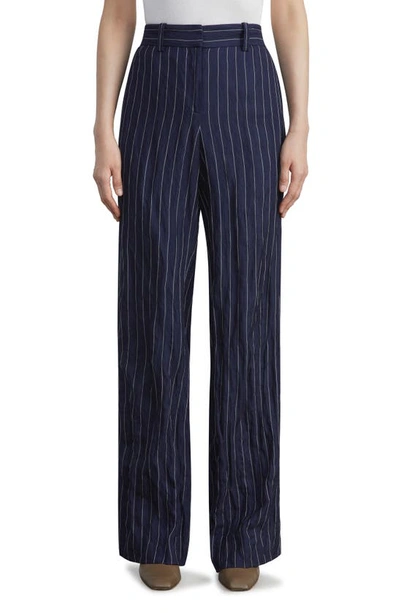 Shop Lafayette 148 Sulllivan Metallic Pinstripe Crinkle Pants In Midnight Blue Multi
