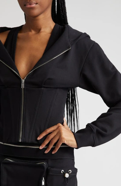 Shop Dion Lee Layered Corset Detail Front Zip Organic Cotton Hoodie In Black