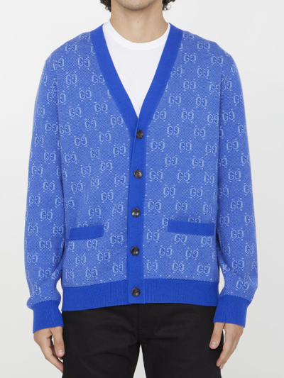 GG Jacquard Wool Cardigan in Blue - Gucci