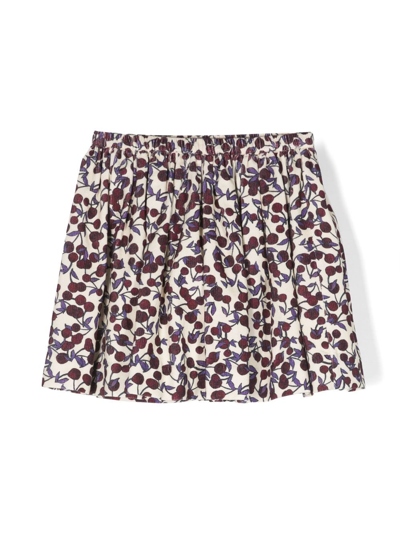 Shop Bonpoint Cherry-print Corduroy Pleated Skirt In Neutrals