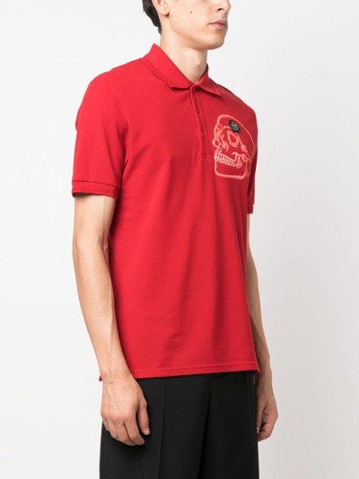 Shop Philipp Plein Skull-print Cotton Polo Shirt In Red