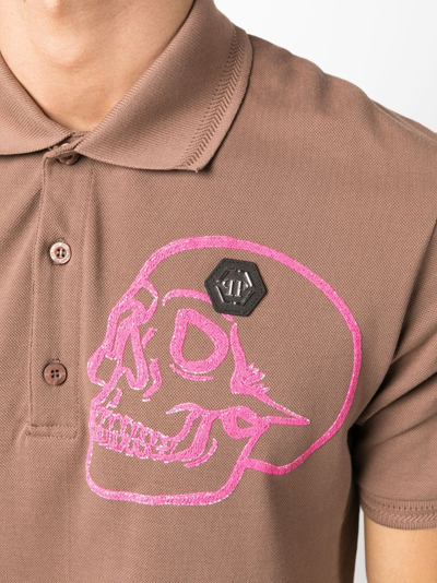Shop Philipp Plein Skull-appliqué Cotton Polo Shirt In Brown