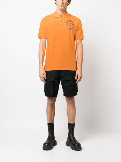 Shop Philipp Plein Chrome Logo-print Piqué Polo Shirt In Orange