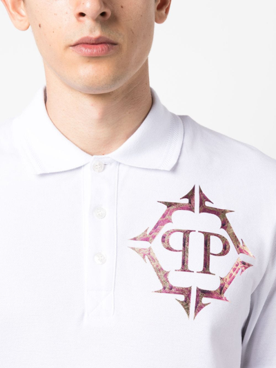 Shop Philipp Plein Logo-print Cotton Polo Shirt In White