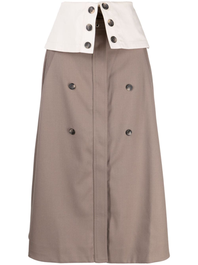 Shop Rokh Button-flap Midi Skirt In Brown