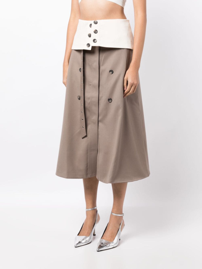 Shop Rokh Button-flap Midi Skirt In Brown
