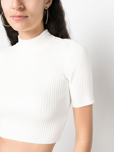 Shop Courrèges Logo-embroidered Ribbed-knit Crop Top In White