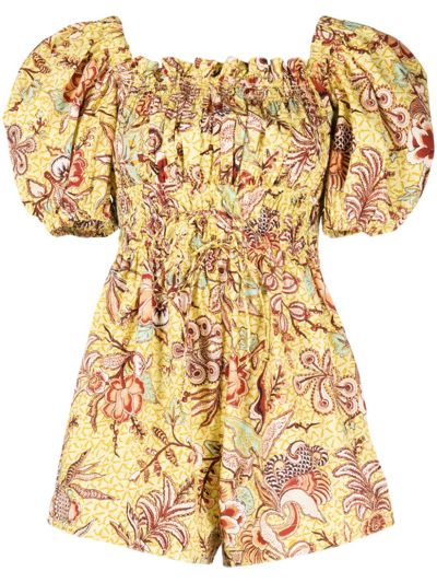 Shop Ulla Johnson Arlo Floral-print Cotton Playsuit In Yellow