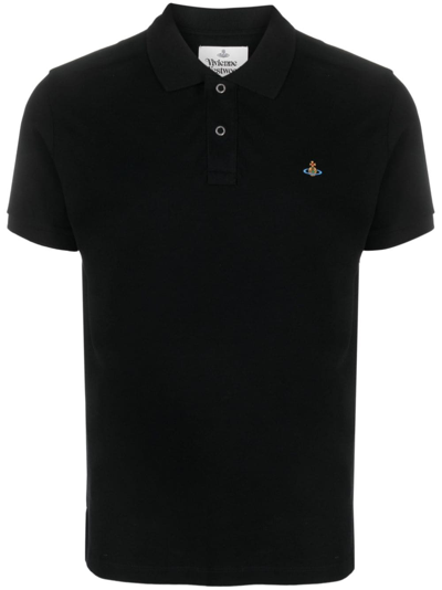 Shop Vivienne Westwood Orb-embroidered Organic Cotton Polo Shirt In Black