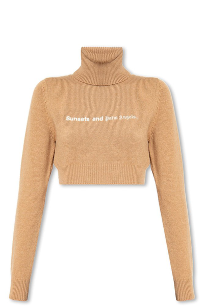 Shop Palm Angels Sunsets Embroidered Roll Neck Knitted Jumper In Brown