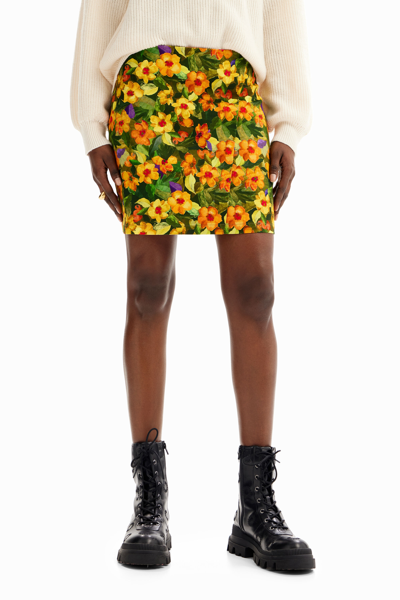 Shop Desigual Slim Floral Mini Skirt In Orange