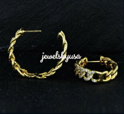 Pre-owned Nsg 2 Ct 100% Genuine Moissanite Cuban Link Hoop Earring Yellow Gold Plated Silver