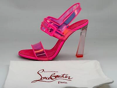 Pre-owned Christian Louboutin Loubi Duniss 100 Pvc Clear Heels Sandals Shoes Fluo $1095 In Pink
