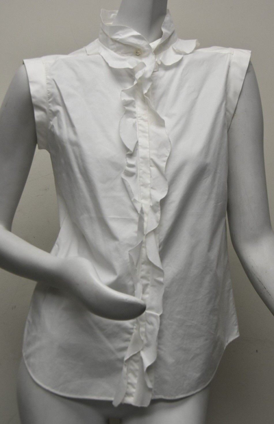 Pre-owned Chanel Blouse Shirt Button Down White Cotton Pearl Cc Ruffle Top 36 38