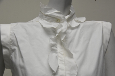 Pre-owned Chanel Blouse Shirt Button Down White Cotton Pearl Cc Ruffle Top 36 38