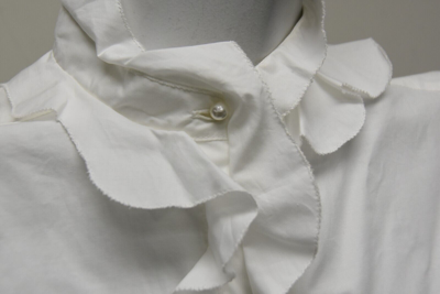 Pre-owned Chanel Blouse Shirt Button Down White Cotton Pearl Cc Ruffle Top 36 38