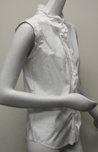 Pre-owned Chanel Blouse Shirt Button Down White Cotton Pearl Cc Ruffle Top 36 38