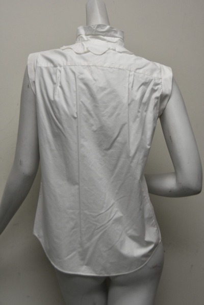 Pre-owned Chanel Blouse Shirt Button Down White Cotton Pearl Cc Ruffle Top 36 38
