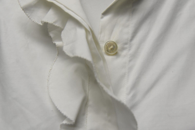 Pre-owned Chanel Blouse Shirt Button Down White Cotton Pearl Cc Ruffle Top 36 38