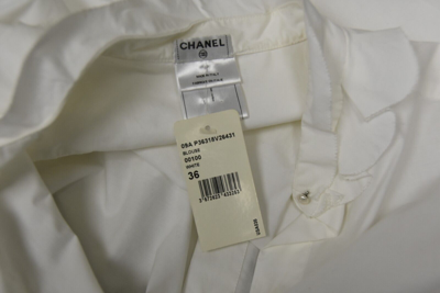 Pre-owned Chanel Blouse Shirt Button Down White Cotton Pearl Cc Ruffle Top 36 38