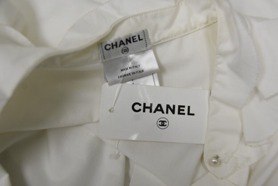Pre-owned Chanel Blouse Shirt Button Down White Cotton Pearl Cc Ruffle Top 36 38