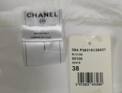 Pre-owned Chanel Blouse Shirt Button Down White Cotton Pearl Cc Ruffle Top 36 38