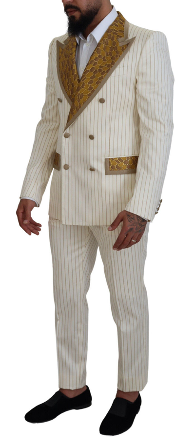 Pre-owned Dolce & Gabbana Suit Off White Gold Striped Tuxedo Slim Fit Eu48/us38 /m 4800usd