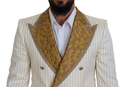 Pre-owned Dolce & Gabbana Suit Off White Gold Striped Tuxedo Slim Fit Eu48/us38 /m 4800usd