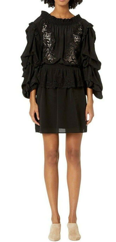 Pre-owned The Kooples Womens Bare Shoulder Lace & Puff Sleeves Short Dress Black Size 3