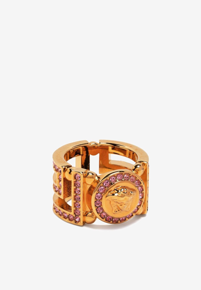 Shop Versace Crystal Medusa Greca Ring In Gold