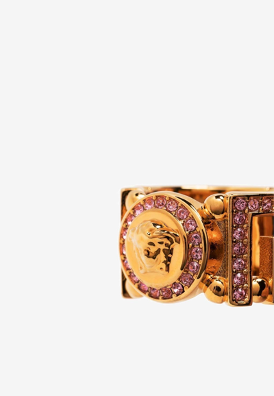 Shop Versace Crystal Medusa Greca Ring In Gold