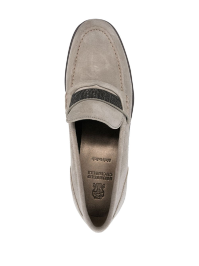 Shop Brunello Cucinelli Crystal-embellished Suede Loafers In Grey